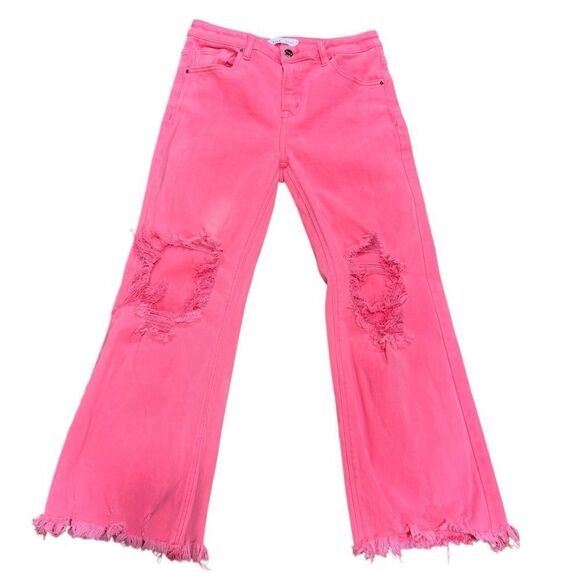 Revolve Risen Jeans Pink NEVIE NEON CORAL DISTRESSED HIGH RISE STRAIGHT LEG Jean - Picture 3 of 9